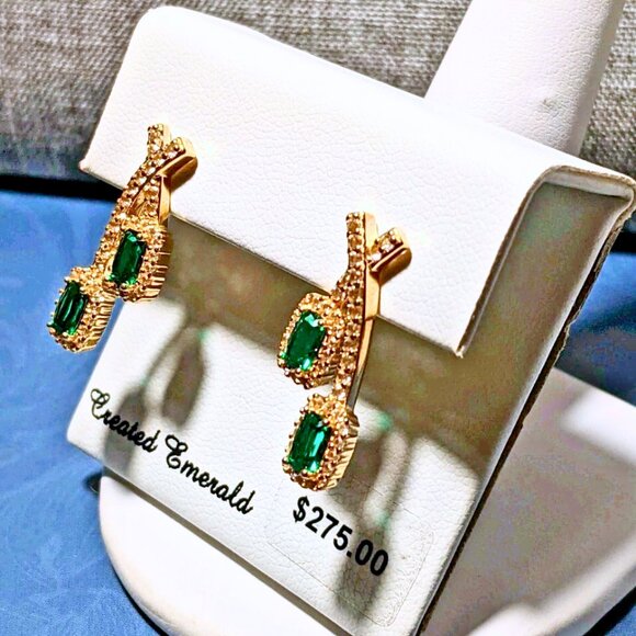 18k Gold Over 925 Silver Emerald & White Sapphire Drop Earrings - Picture 6 of 9